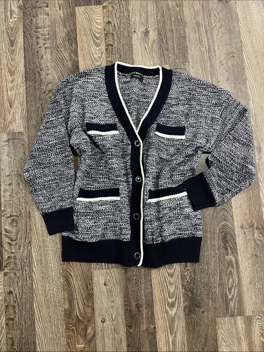 Navy & White Bouclé Button-Front Cardigan Sweater